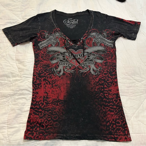Affliction Tops - Sinful by Affliction Rhinestone Graphic Tee Shirt top Lace-Up XL USA McBling Y2K